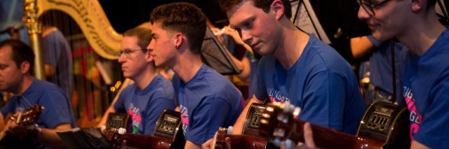 Junge Männer mit Gitarre, alle tragen das Festival-T-Shirt FIS 2017. Im Hintergrund eine Harfe